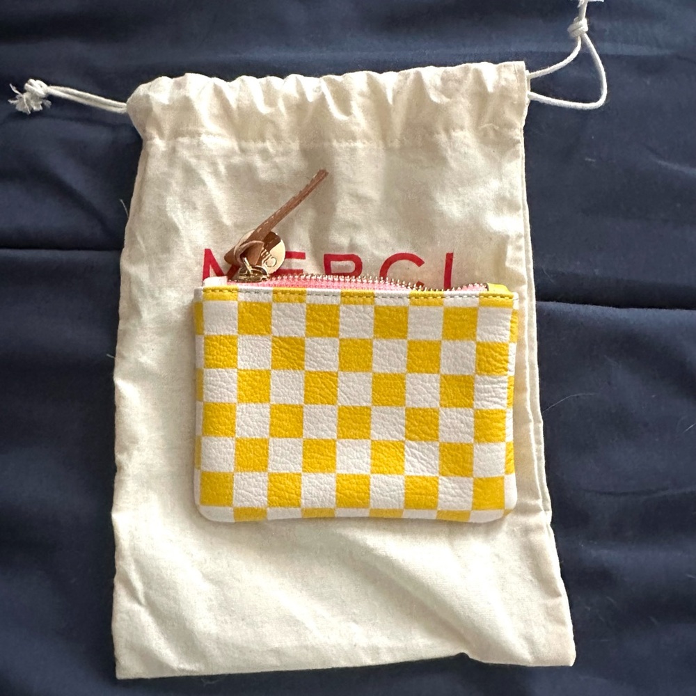 Clare V Yellow and White Checkered Coin Pouch